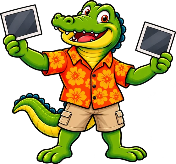 Alligator mascot holding before and after photos