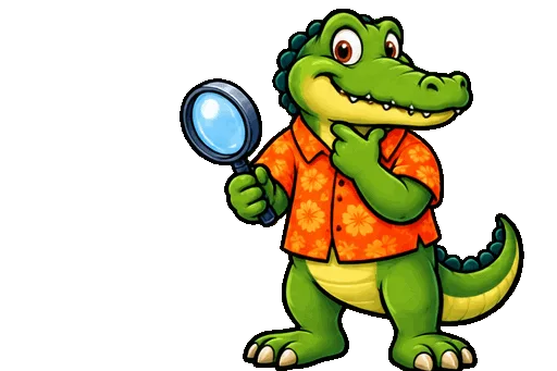 Alligator mascot with a magnifying glass