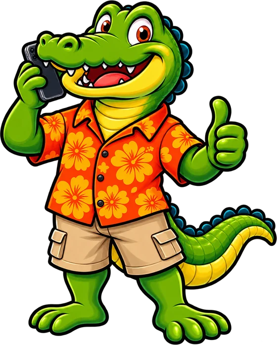 Alligator mascot on the phone, ready to help
