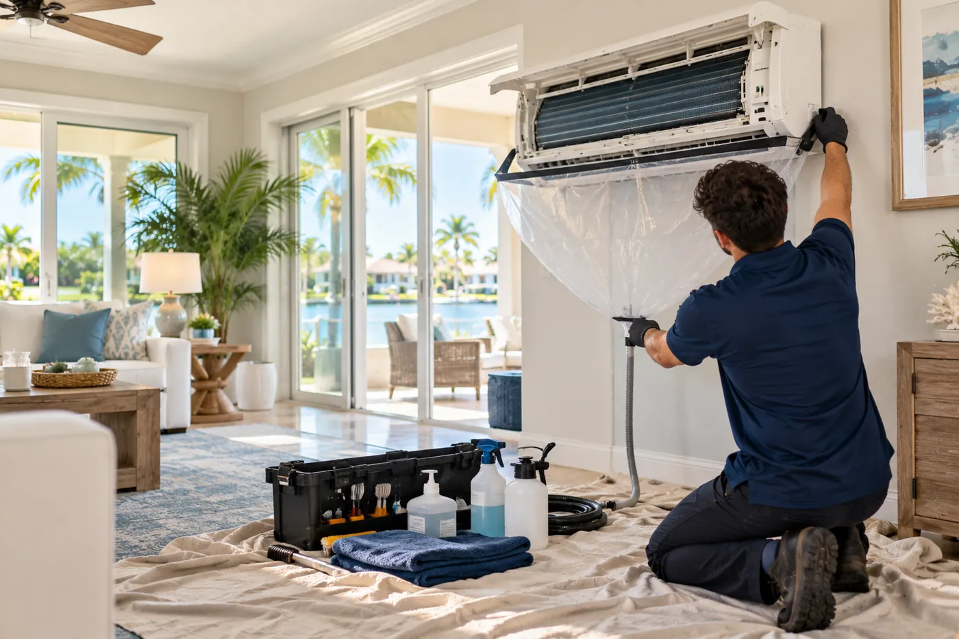 Careful mini-split cleaning with the room protected